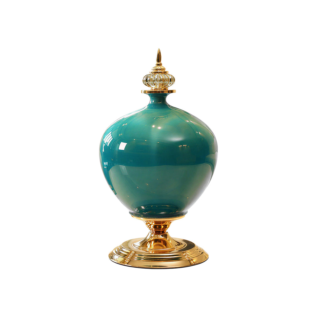 SOGA 38cm Ceramic Oval Flower Vase with Gold Metal Base Green