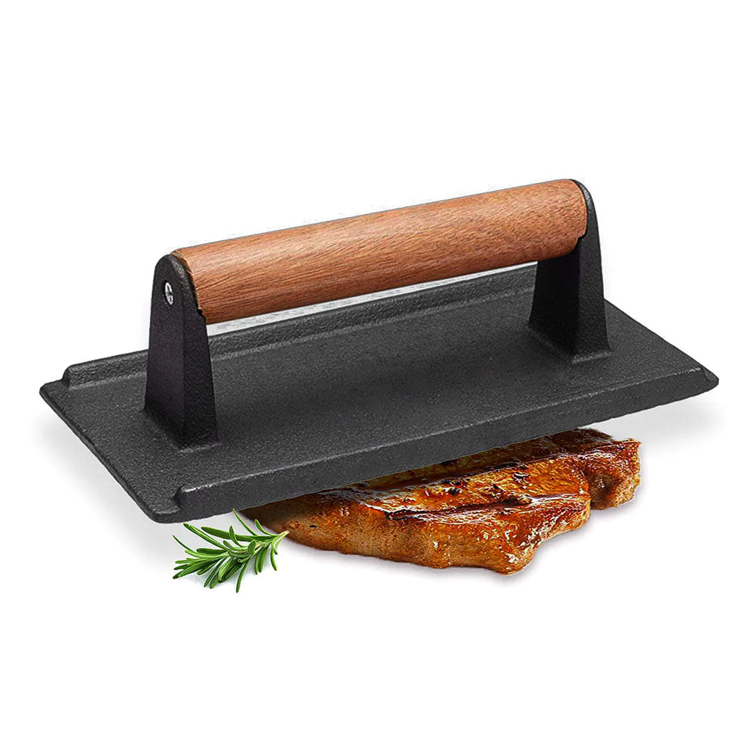 SOGA Cast Iron Bacon Meat Steak Press Grill BBQ with Wood Handle Weight Plate $ 49.90