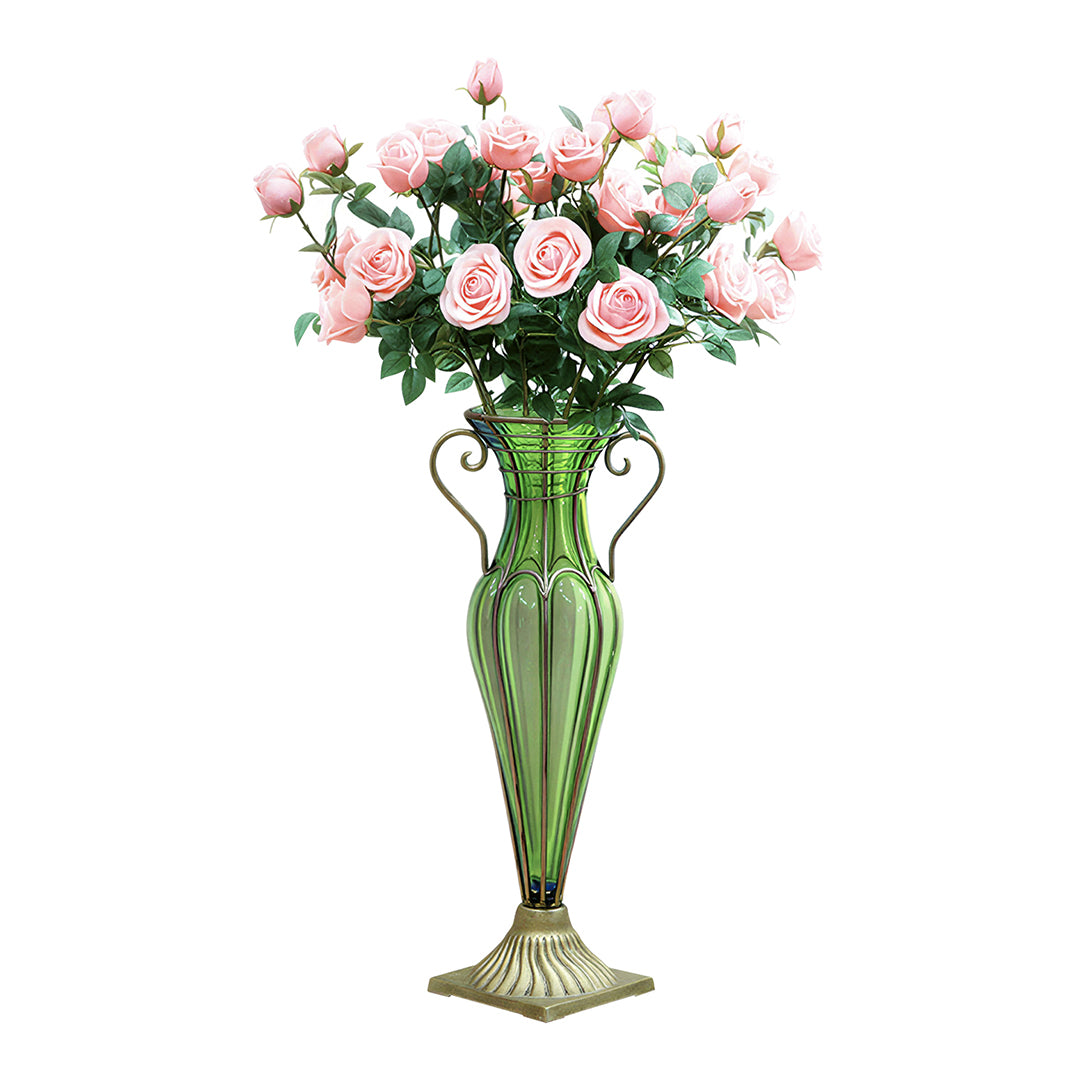SOGA Green Colored Glass Flower Vase with 8 Bunch 5 Heads Artificial Fake Silk Rose Home Decor Set