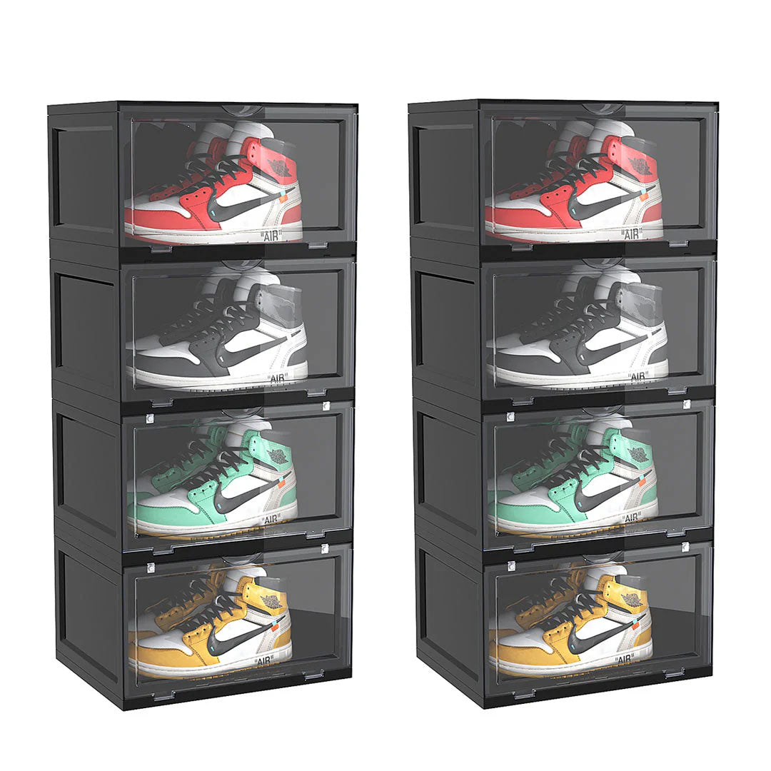 SOGA 2X 4 Tier Black Portable Shoe Organiser Sneaker Footwear Folding Plastic Bin Stackable Storage Box with Magnetic Door