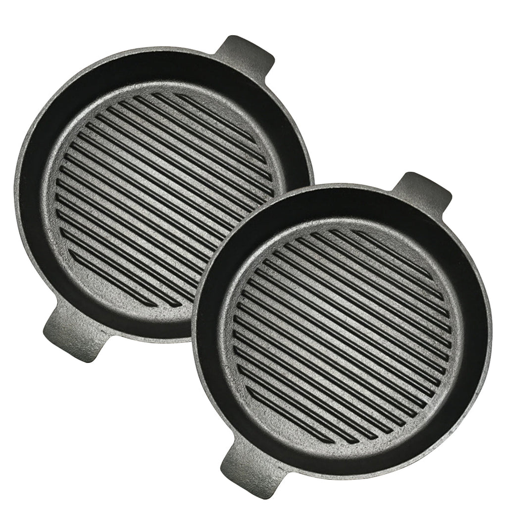 SOGA 2X 26cm Round Ribbed Cast Iron Frying Pan Skillet Steak Sizzle Platter with Handle $ 111.90