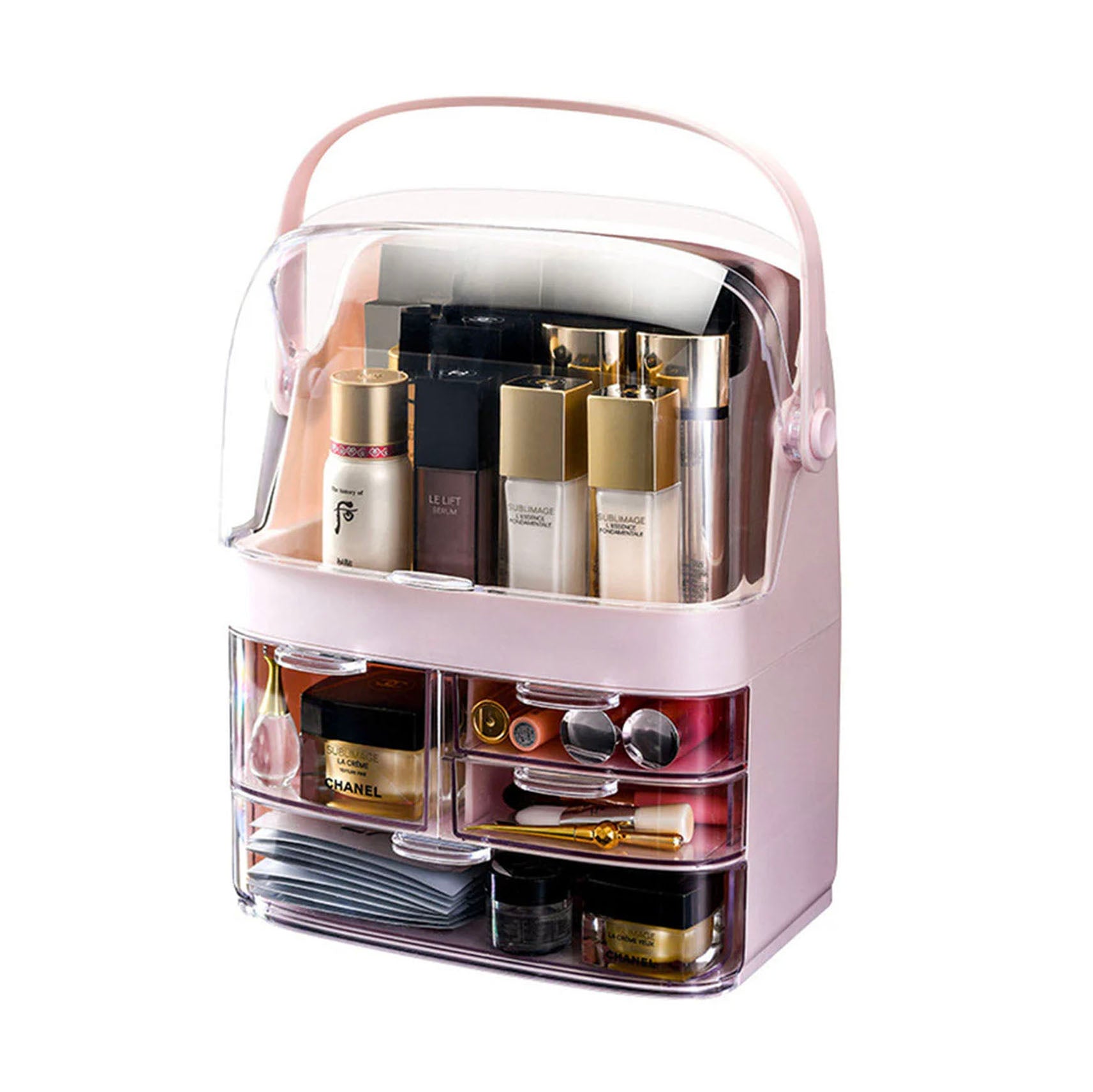 SOGA 3 Tier Pink Countertop Makeup Cosmetic Storage Organizer Skincare Holder Jewelry Storage Box with Handle