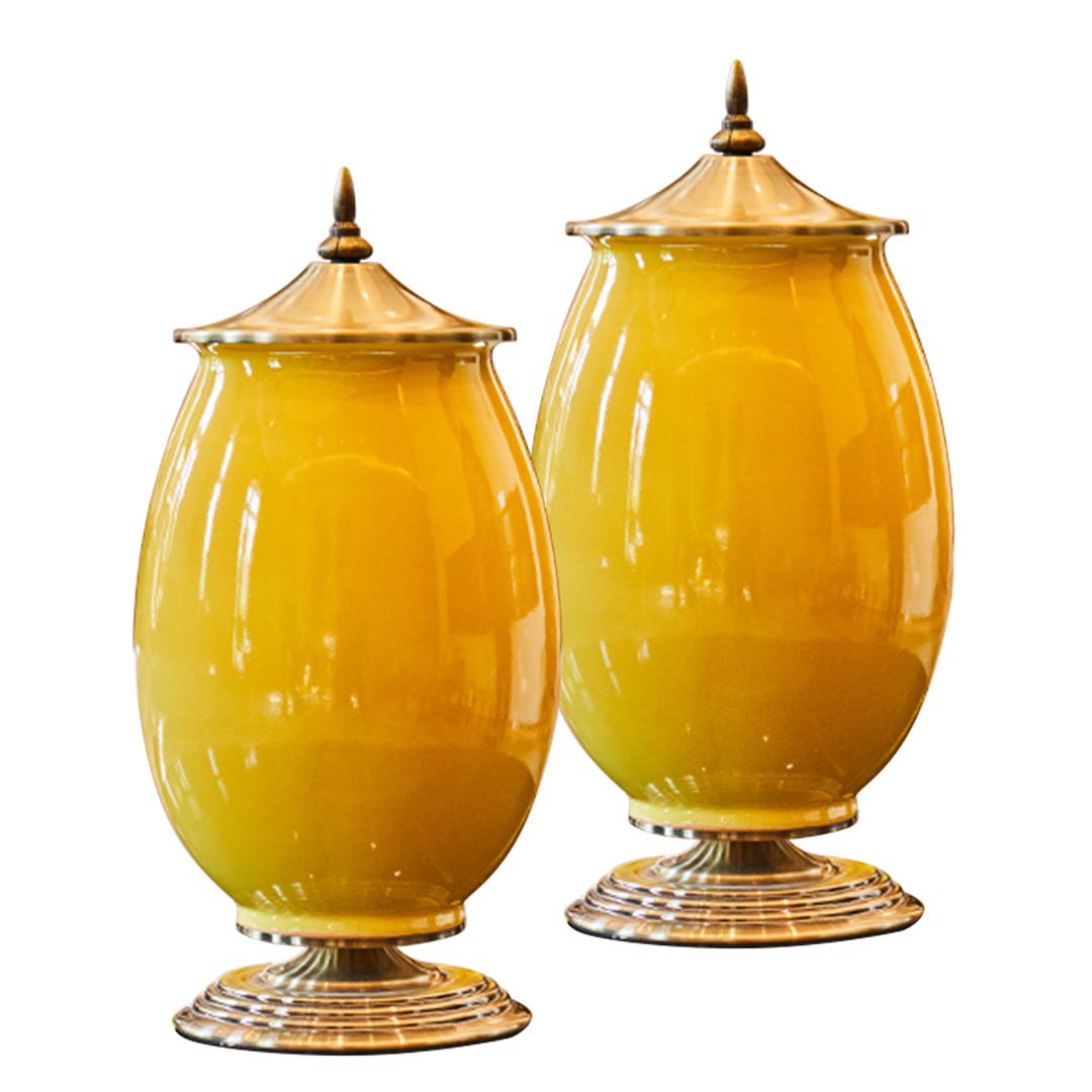 SOGA 2x 40cm Ceramic Oval Flower Vase with Gold Metal Base Yellow $ 360.90
