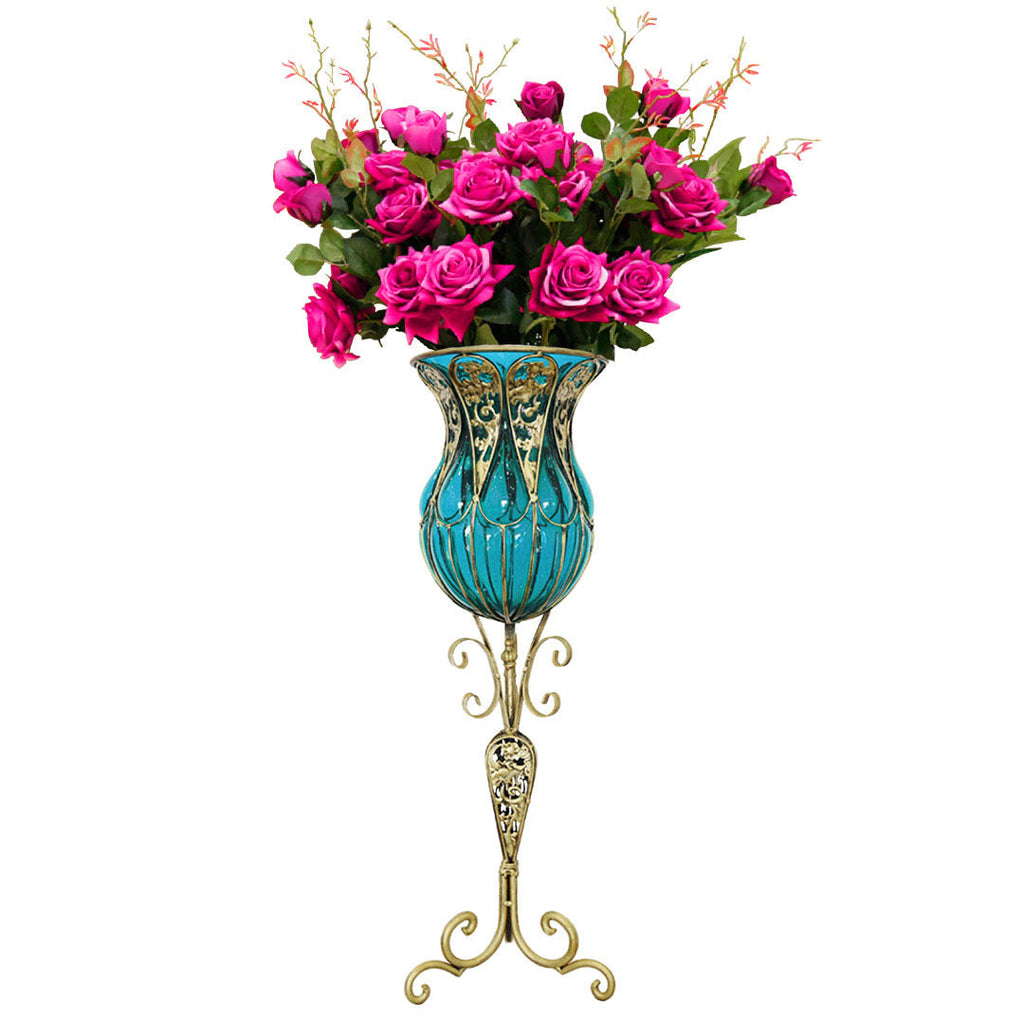 SOGA 85cm Blue Glass Tall Floor Vase and 12pcs Dark Pink Artificial Fake Flower Set $ 511.50