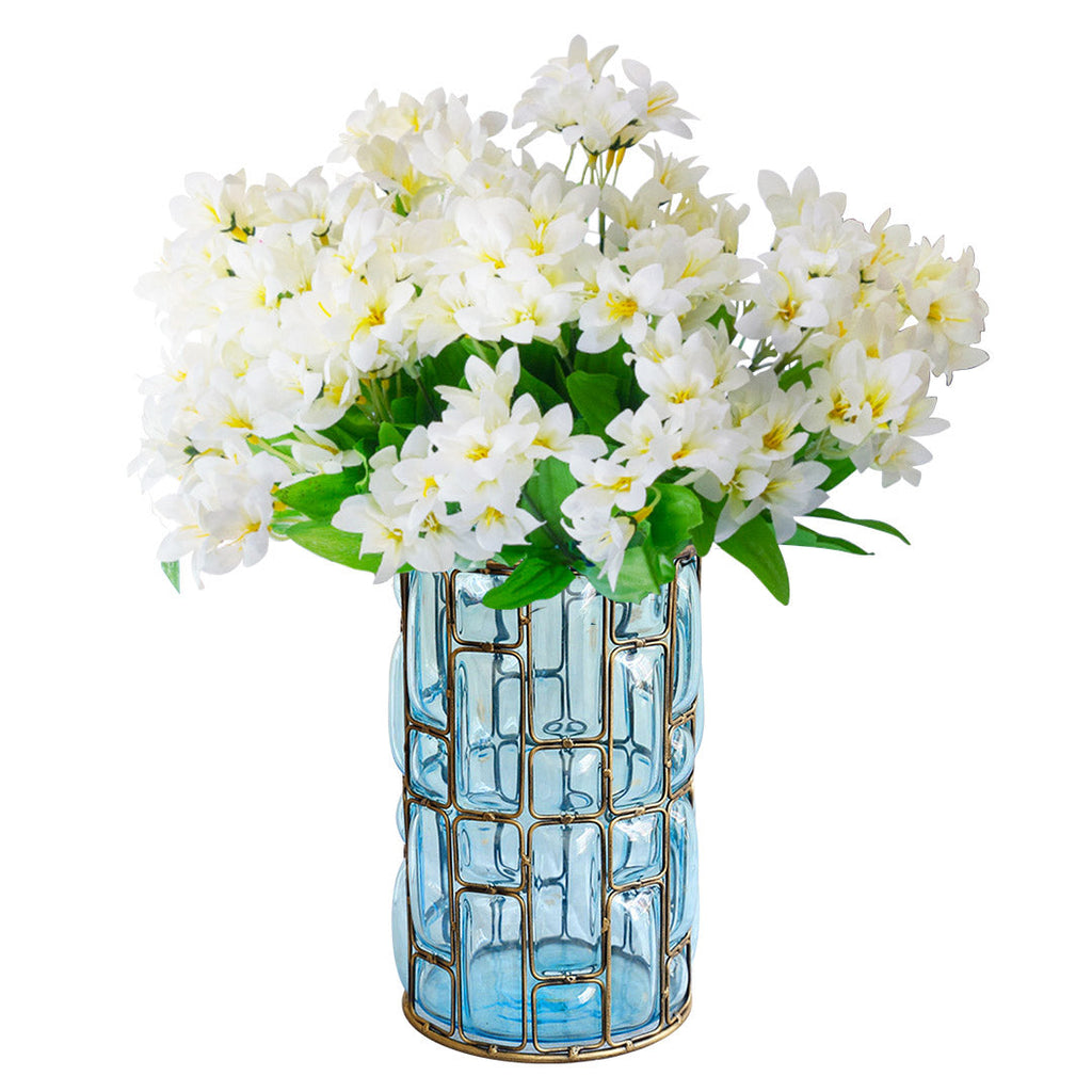 SOGA Blue Glass Cylinder Flower Vase with 10 Bunch 6 Heads Artificial Fake Silk Lilium nanum Home Decor Set $ 137.50