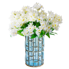 SOGA Blue Glass Cylinder Flower Vase with 10 Bunch 6 Heads Artificial Fake Silk Lilium nanum Home Decor Set