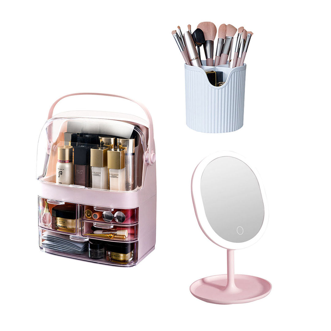 SOGA 3 Tier Pink Countertop Cosmetic Makeup Brush Lipstick Holder Organiser and 20cm Rechargeable LED Light Tabletop Mirror Set $ 185.50