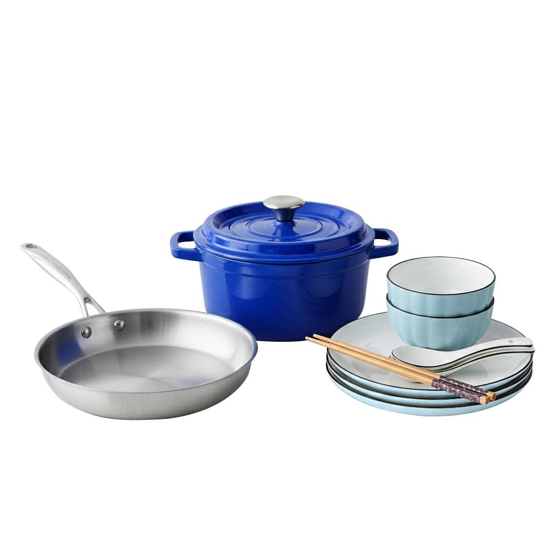 SOGA Kitchenware Bundle – Blue Enamel Stewpot, Stainless Steel Fry Pan & Ceramic Dinnerware Set $ 229