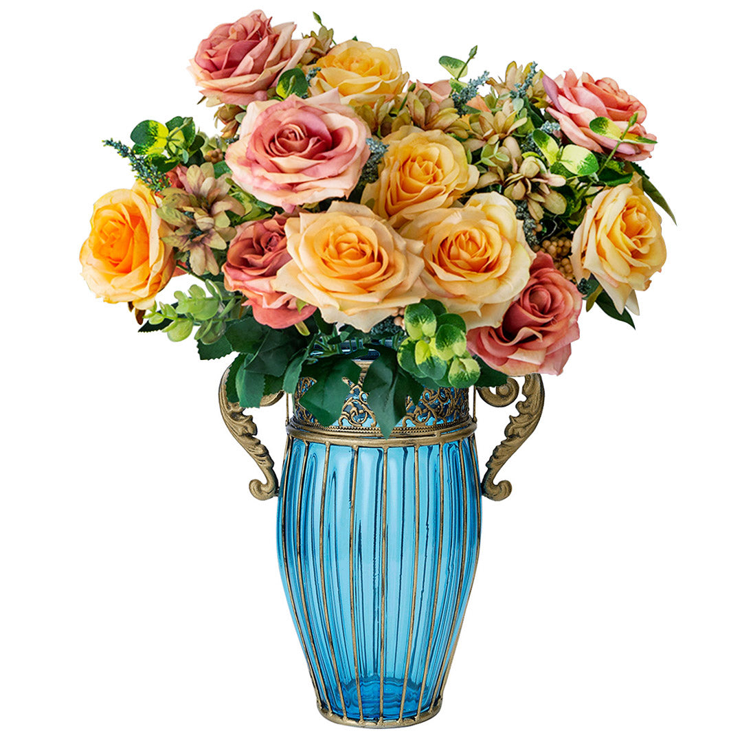 SOGA Blue Colored Glass Flower Vase with 4 Bunch 11 Heads Artificial Fake Silk Rose Home Decor Set $ 221.90