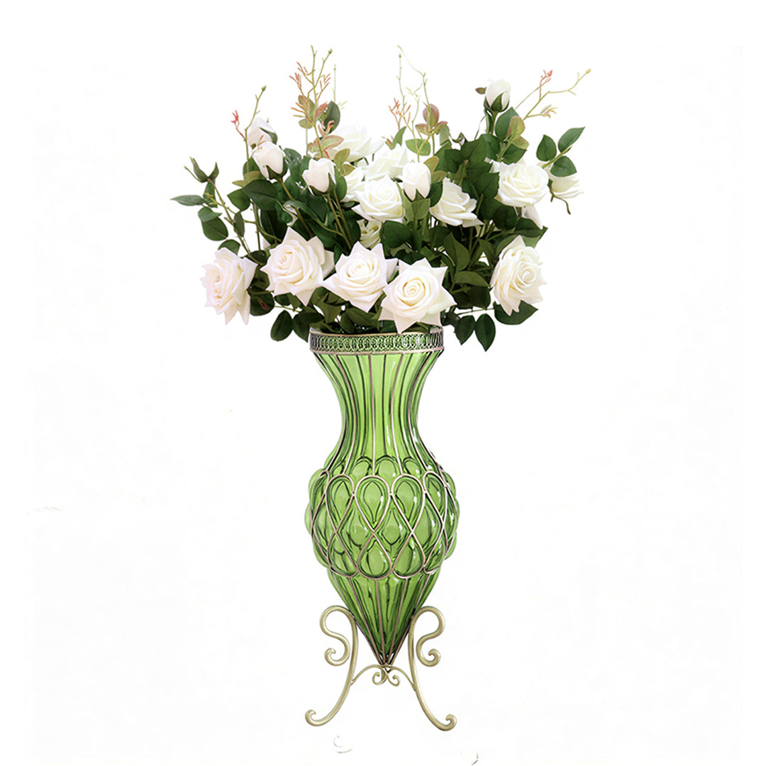 SOGA 67cm Green Glass Tall Floor Vase and 12pcs White Artificial Fake Flower Set