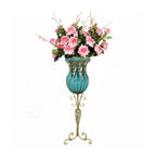 SOGA 85cm Blue Glass Tall Floor Vase and 12pcs Pink Artificial Fake Flower Set