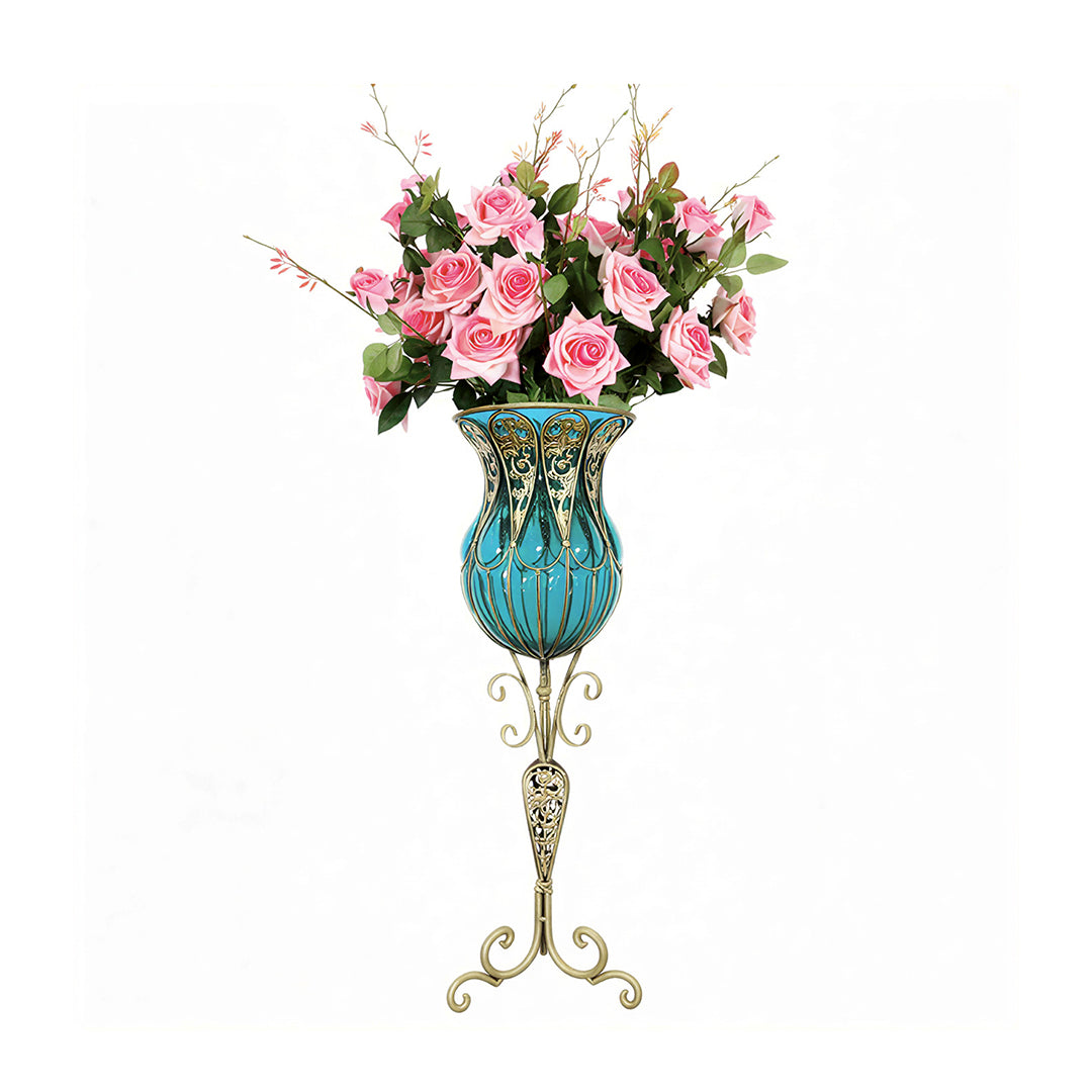 SOGA 85cm Blue Glass Tall Floor Vase and 12pcs Pink Artificial Fake Flower Set