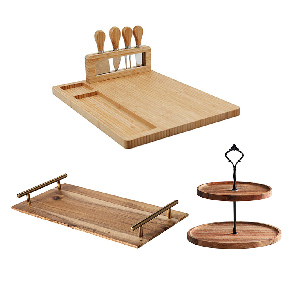 SOGA Kitchenware Bundle – Brown Acacia Cheese Board, 2-Tier Dessert Stand & Serving Tray