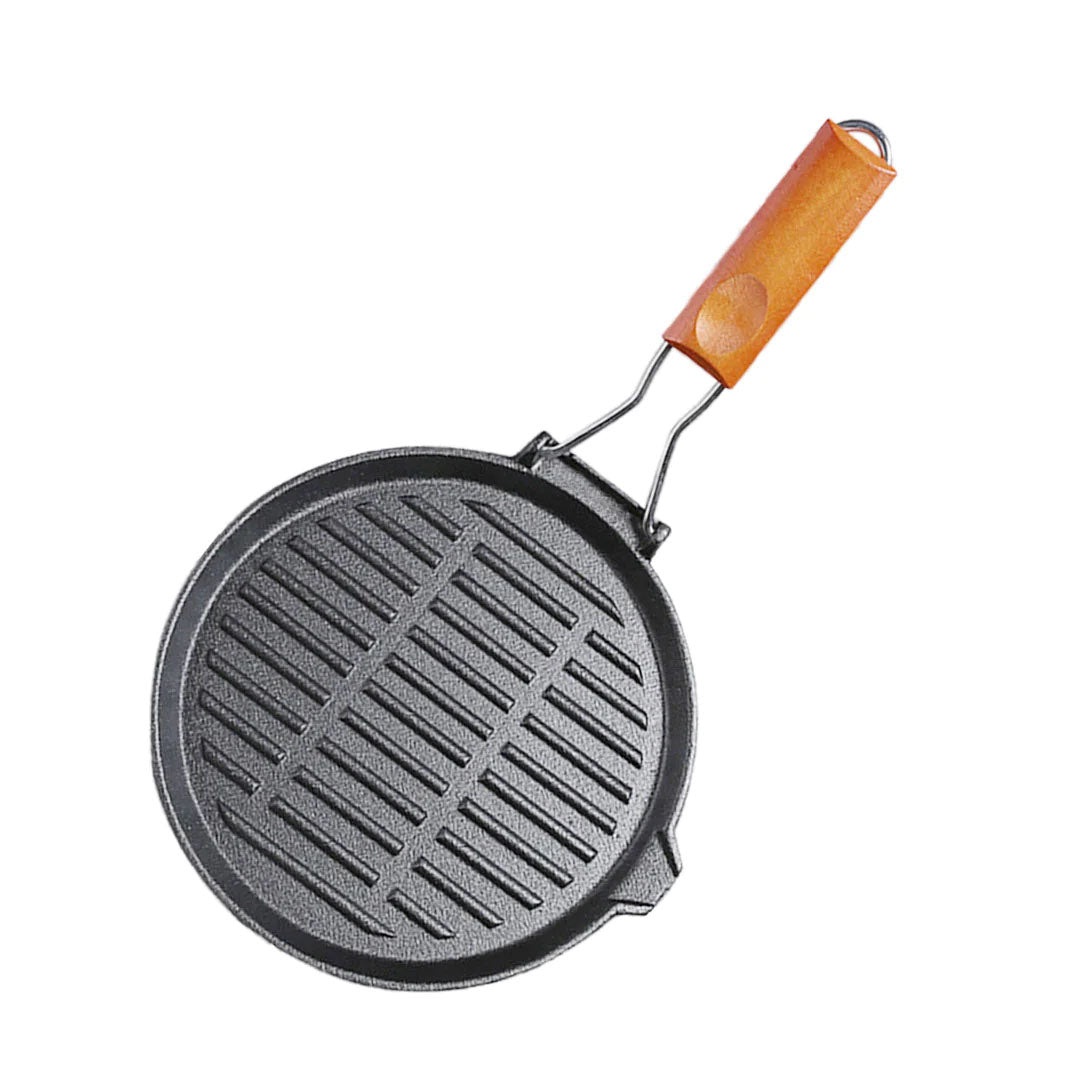 SOGA 24cm Round Ribbed Cast Iron Steak Frying Grill Skillet Pan with Folding Wooden Handle $ 49.90