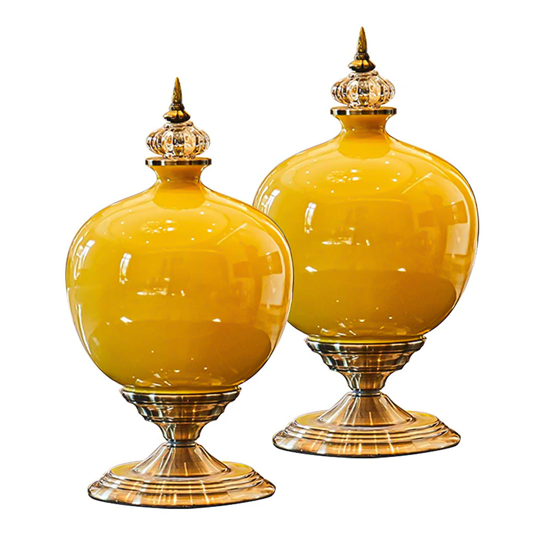 SOGA 2x 38cm Ceramic Oval Flower Vase with Gold Metal Base Yellow