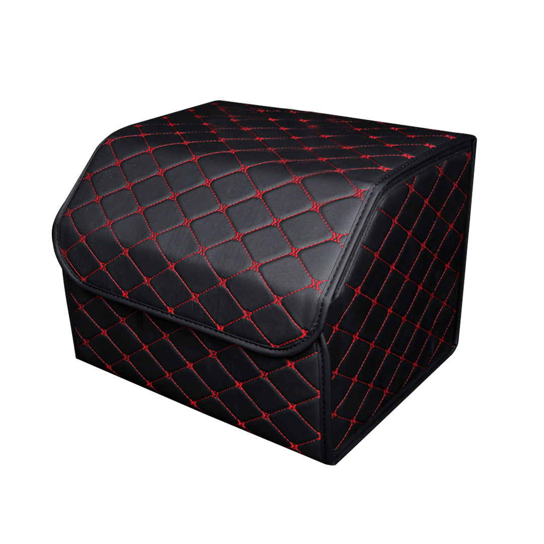 SOGA Leather Car Boot Collapsible Foldable Trunk Cargo Organizer Portable Storage Box Black/Red Stitch Medium $ 44.50