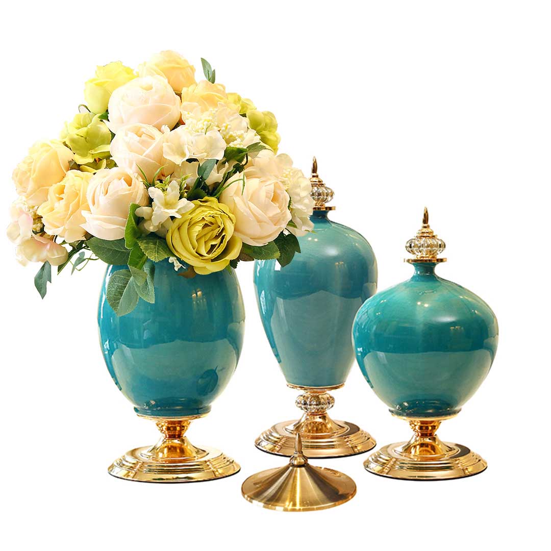 SOGA 3x Ceramic Oval Flower Vase with White Flower Set Green $ 477.90