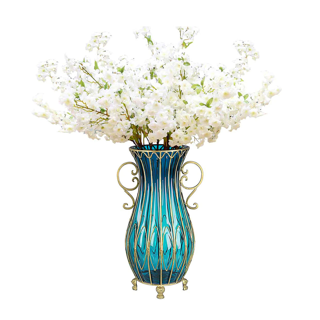 SOGA 51cm Blue Glass Tall Floor Vase and 10pcs White Artificial Fake Flower Set