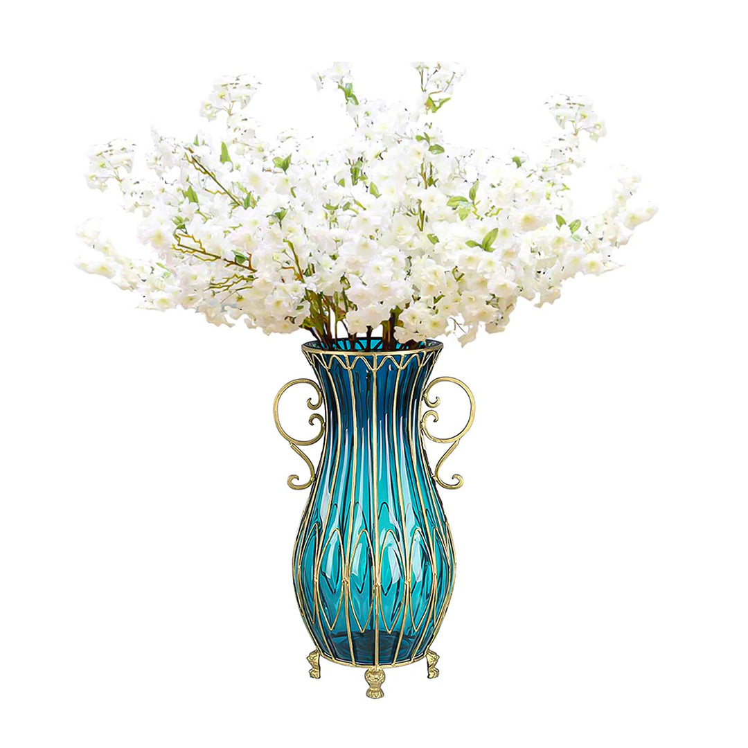 SOGA 51cm Blue Glass Tall Floor Vase and 10pcs White Artificial Fake Flower Set