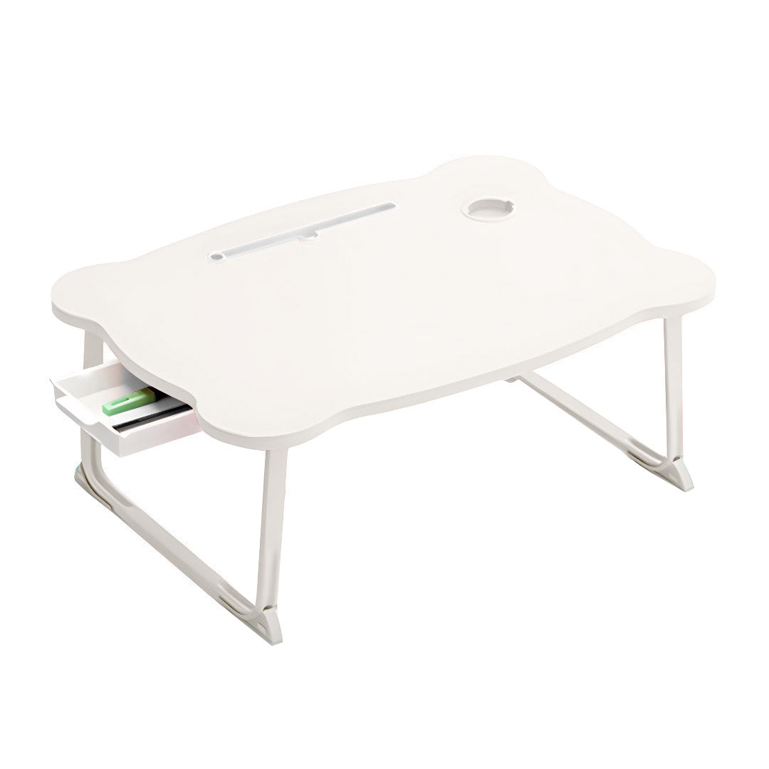 SOGA White Portable Bed Table Adjustable Folding Mini Desk With Mini Drawer and Cup-Holder Home Decor