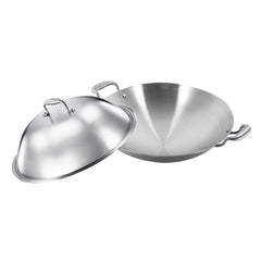 SOGA 3-Ply 42cm Stainless Steel Double Handle Wok Frying Fry Pan Skillet with Lid
