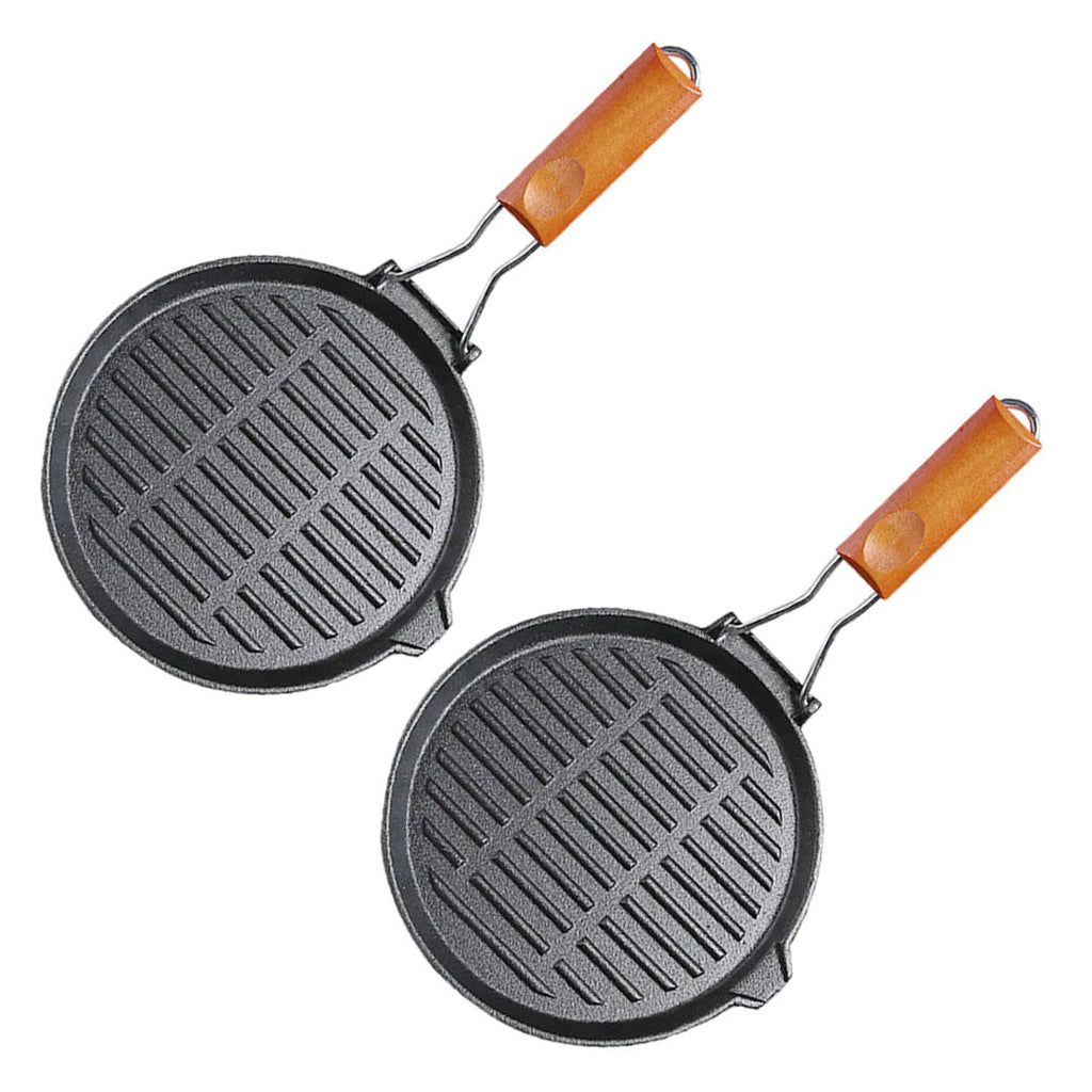 SOGA 2X 24cm Round Ribbed Cast Iron Steak Frying Grill Skillet Pan with Folding Wooden Handle $ 96.90