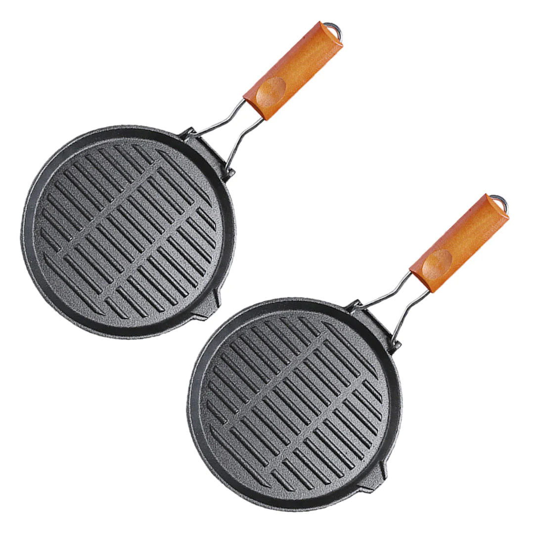 SOGA 2X 24cm Round Ribbed Cast Iron Steak Frying Grill Skillet Pan with Folding Wooden Handle $ 96.90