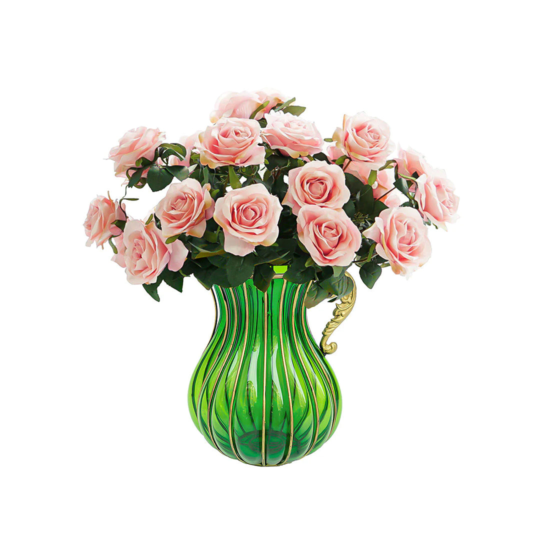 SOGA Green Colored Glass Flower Vase with 4 Bunch 9 Heads Artificial Fake Silk Rose Home Decor Set
