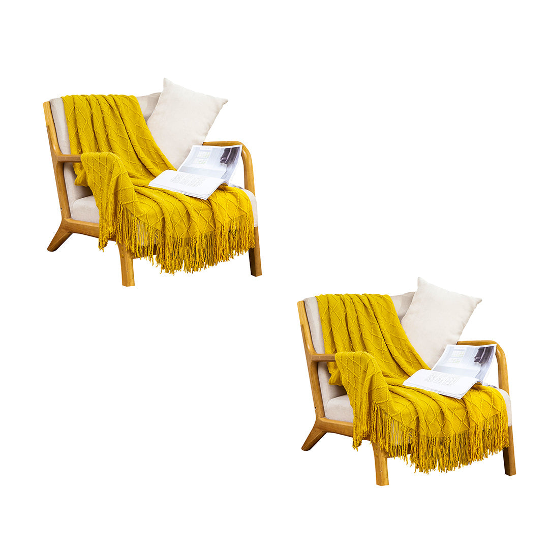SOGA 2X Yellow Diamond Pattern Knitted Throw Blanket Warm Cozy Woven Cover Couch Bed Sofa Home Decor with Tassels $ 161.90