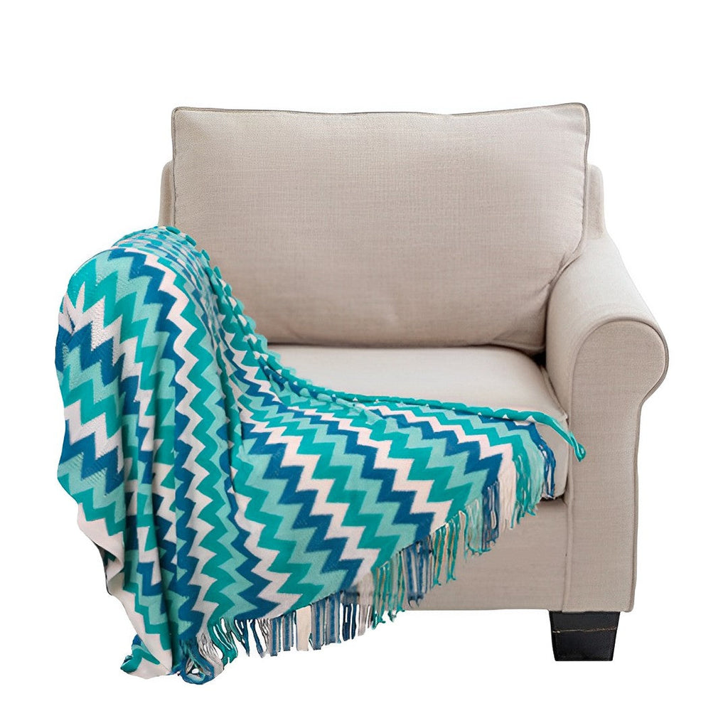 SOGA 220cm Blue Zigzag Striped Throw Blanket Acrylic Wave Knitted Fringed Woven Cover Couch Bed Sofa Home Decor $ 88.90