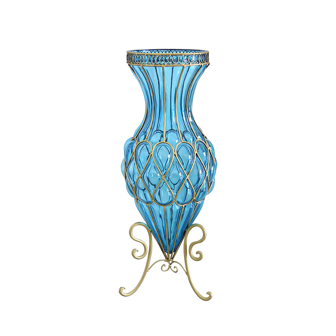 SOGA 65 cm Blue Glass Tall Floor Vase with Metal Flower Stand – Elegant Statement Piece for Modern Homes