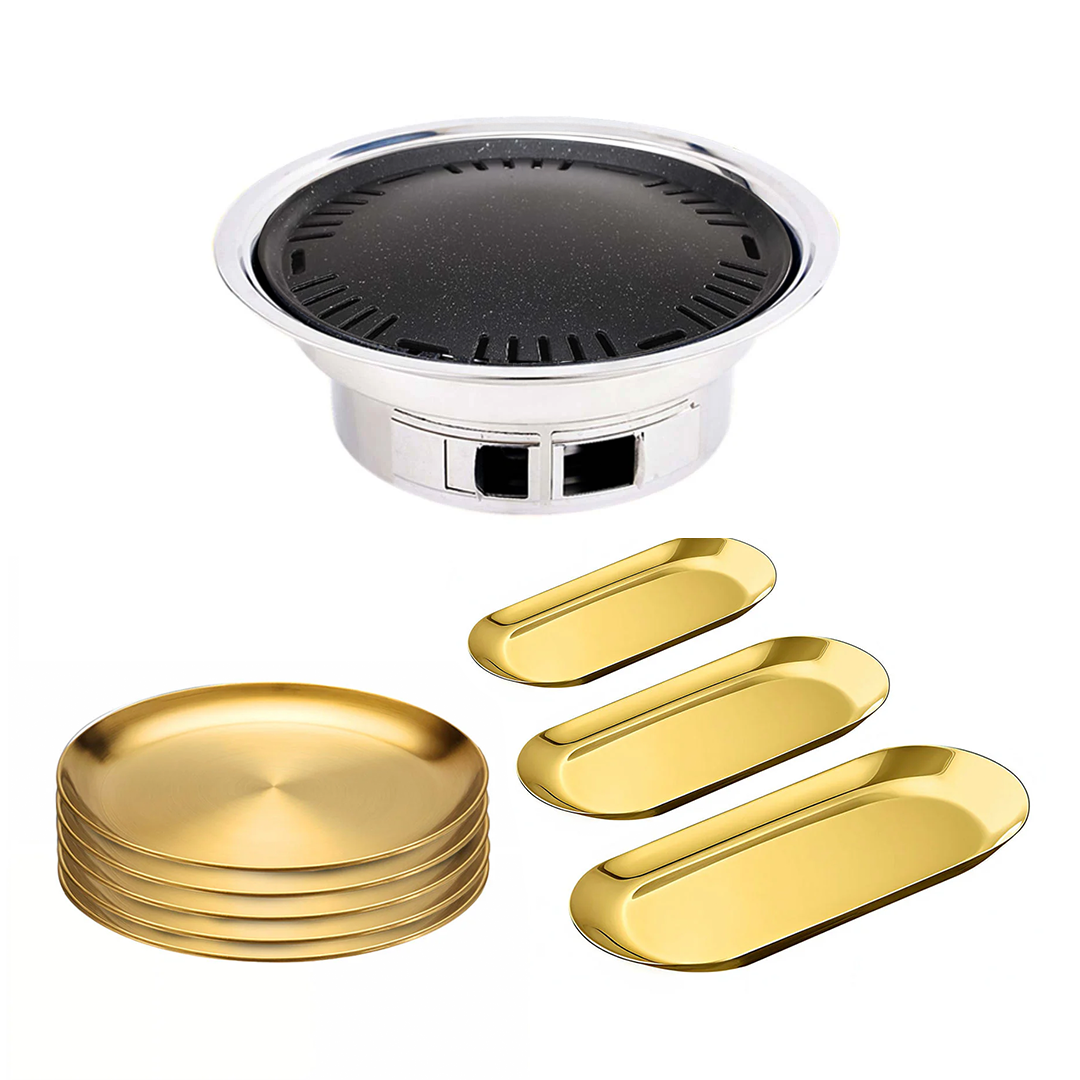SOGA Kitchenware Bundle – Gold Nordic Plate Set, 23cm Grilling Plate & Portable Charcoal BBQ Grill $ 168