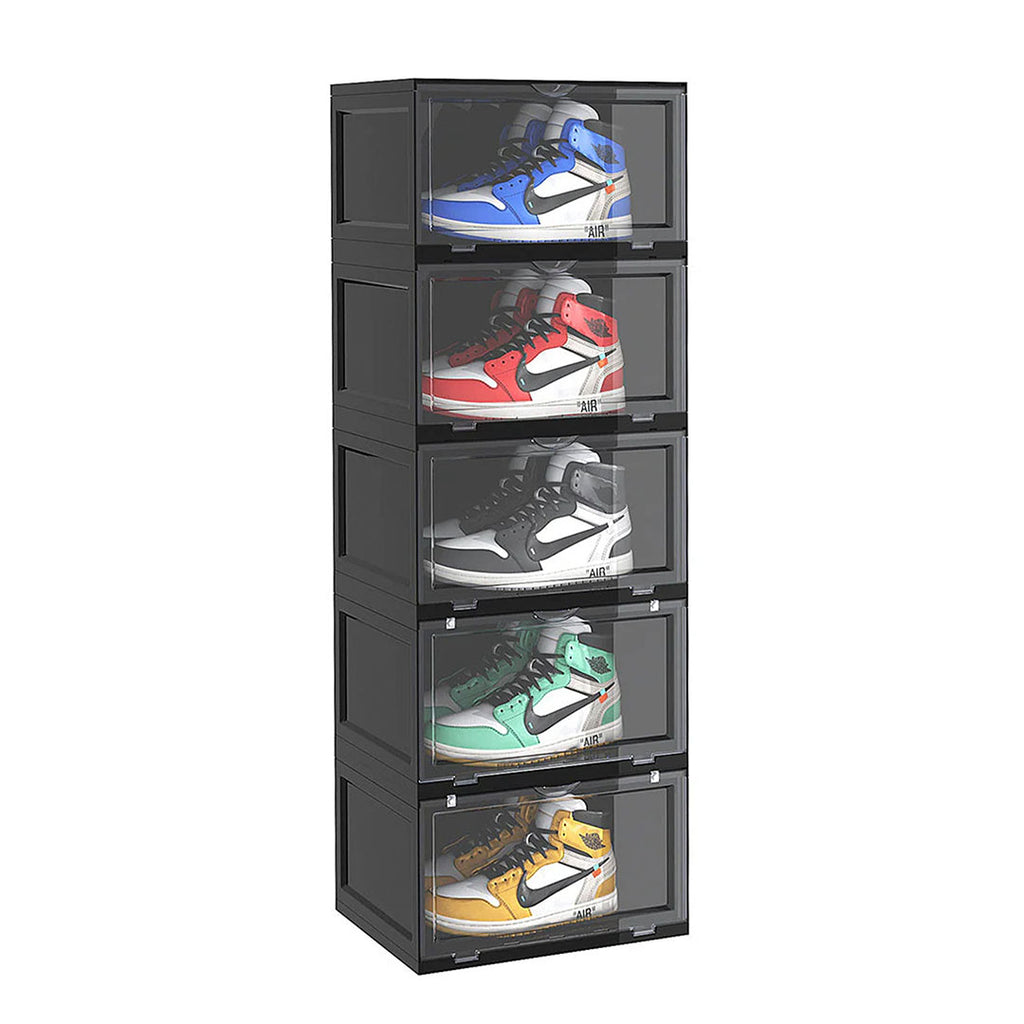 SOGA 5 Tier Black Portable Shoe Organiser Sneaker Footwear Folding Plastic Bin Stackable Storage Box with Magnetic Door