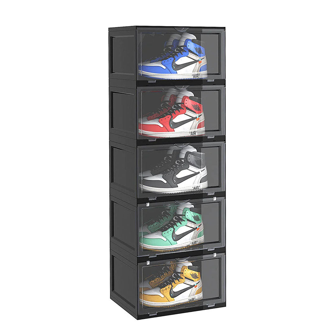 SOGA 5 Tier Black Portable Shoe Organiser Sneaker Footwear Folding Plastic Bin Stackable Storage Box with Magnetic Door
