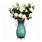 SOGA 51cm Blue Glass Tall Floor Vase with 12pcs White Artificial Fake Flower Set