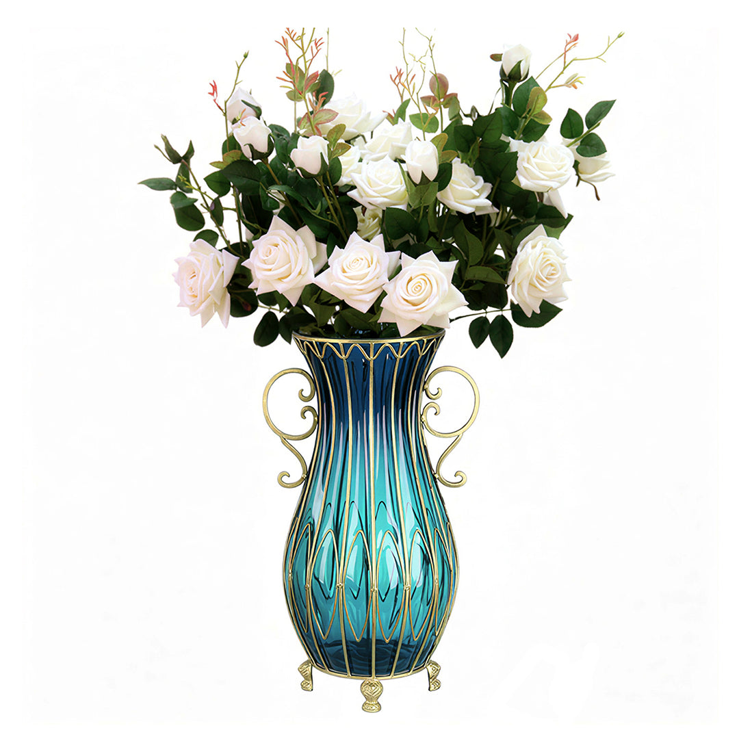 SOGA 51cm Blue Glass Tall Floor Vase with 12pcs White Artificial Fake Flower Set