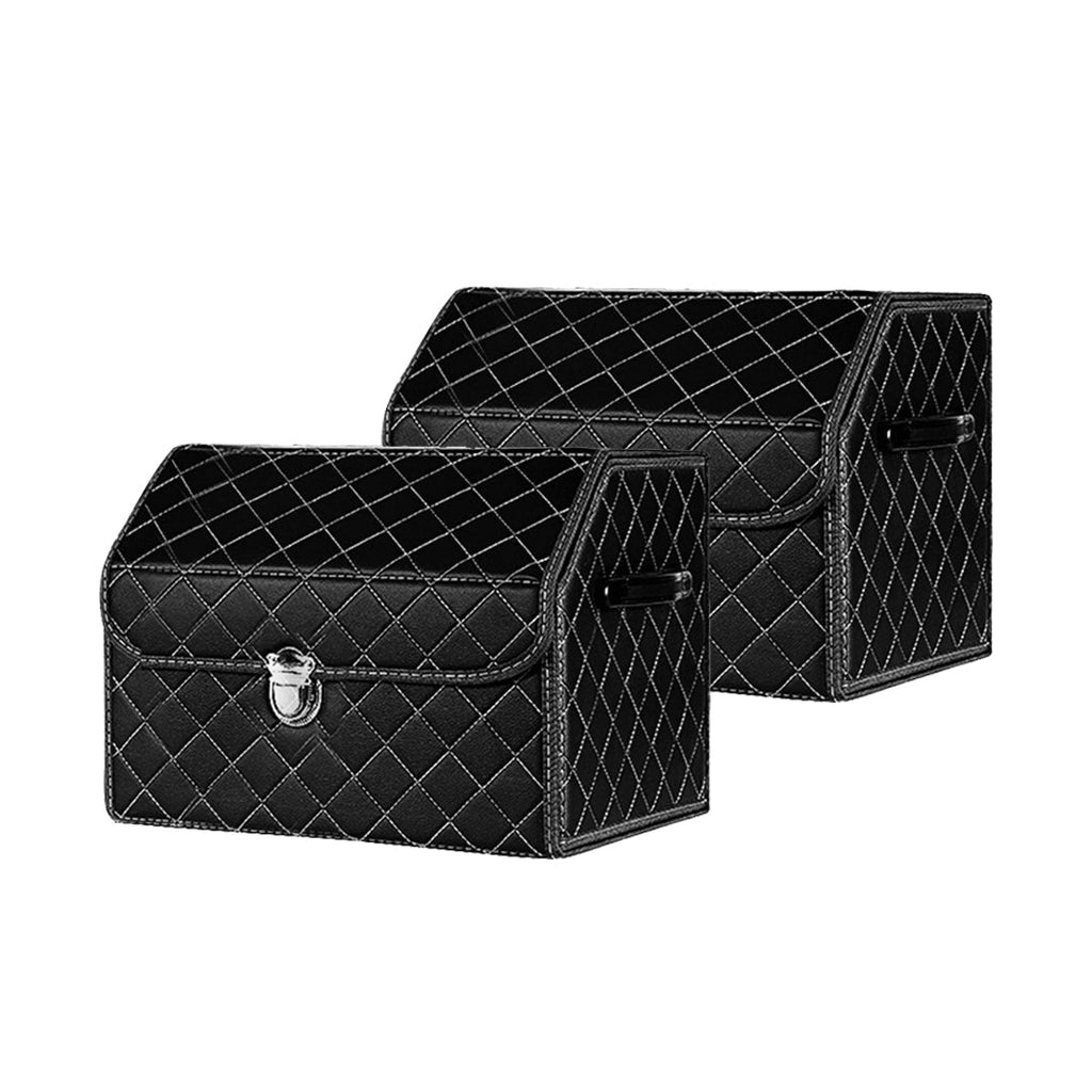SOGA 2X Leather Car Boot Collapsible Foldable Trunk Cargo Organizer Portable Storage Box Black/White Stitch with Lock Small $ 86.50