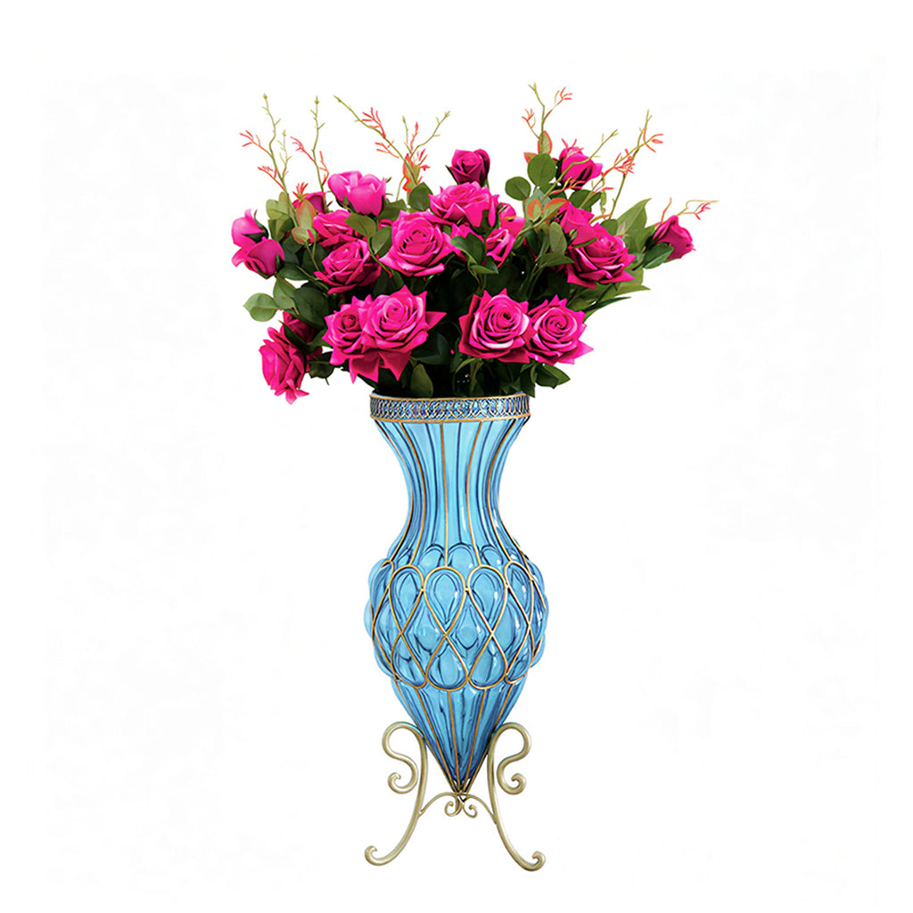 SOGA 67cm Blue Glass Tall Floor Vase and 12pcs Dark Pink Artificial Fake Flower Set
