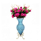 SOGA 67cm Blue Glass Tall Floor Vase and 12pcs Dark Pink Artificial Fake Flower Set