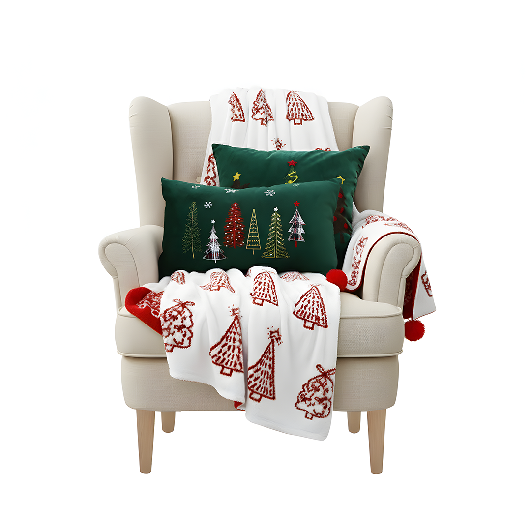 SOGA Christmas Bundle – Red Christmas Tree Fleece Throw & Green Embroidered Holiday Pillows $ 203