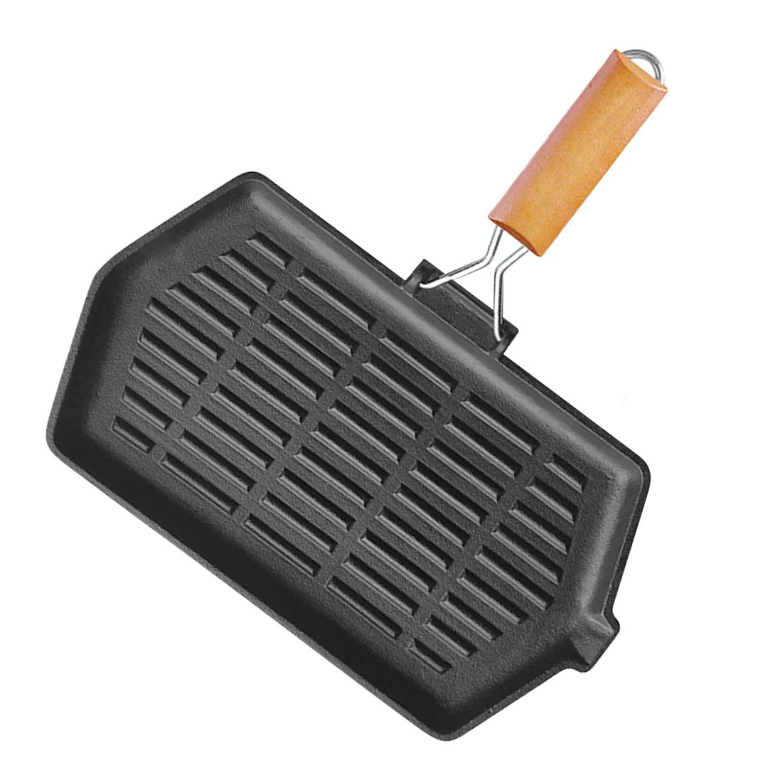 SOGA Rectangular Cast Iron Griddle Grill Frying Pan with Folding Wooden Handle $ 49.90