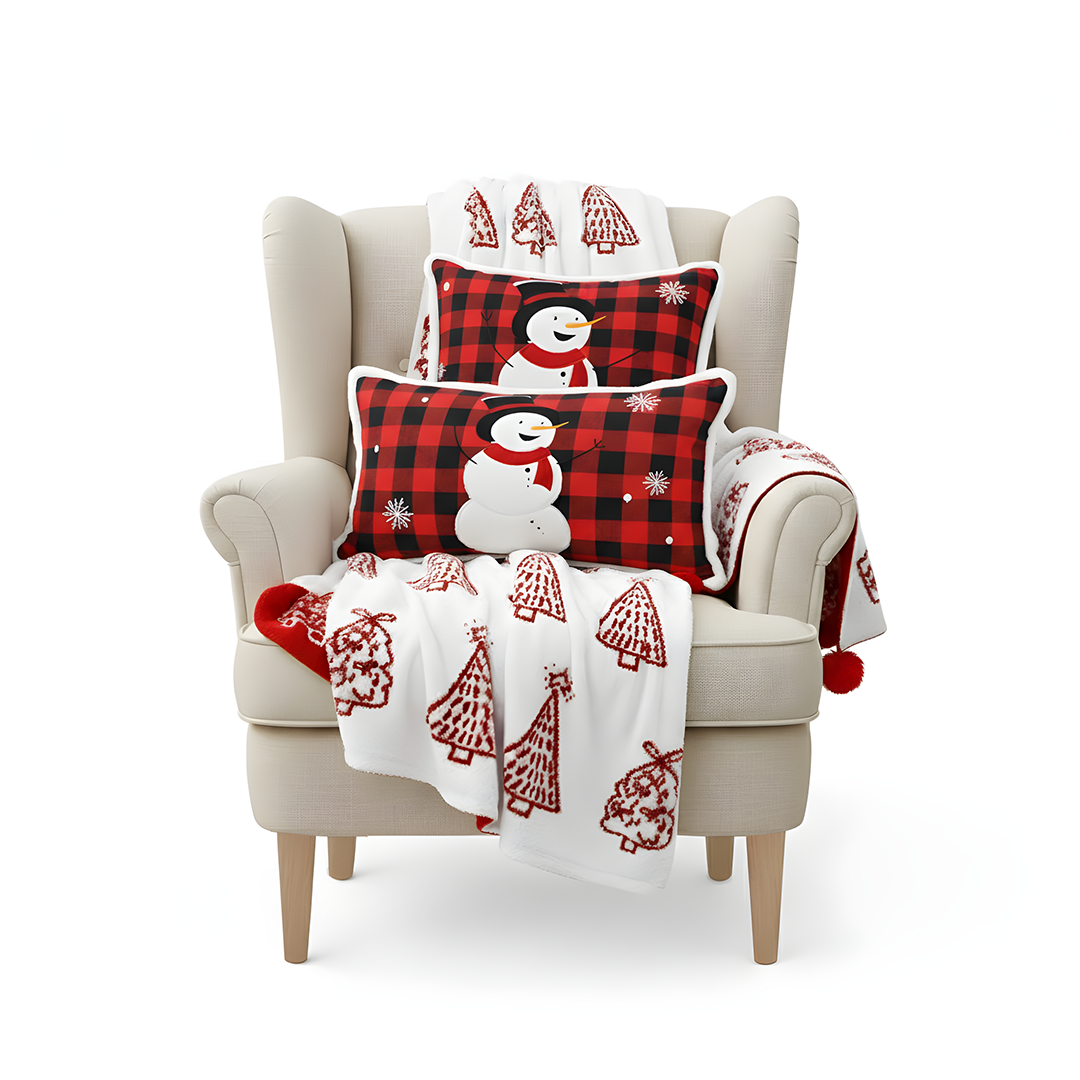 SOGA Christmas Bundle – Red Christmas Tree Fleece Throw & Red Snowman Holiday Pillows $ 200