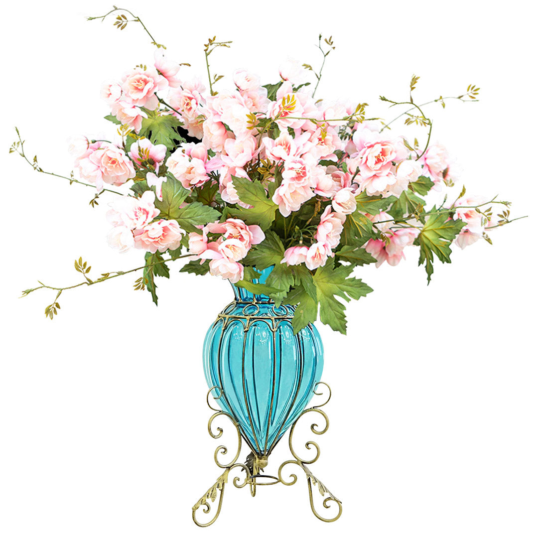 SOGA Blue Colored Glass Floor Flower Vase with 8 Bunch 3 Heads Artificial Fake Silk Hibiscus Home Decor Set $ 242.90