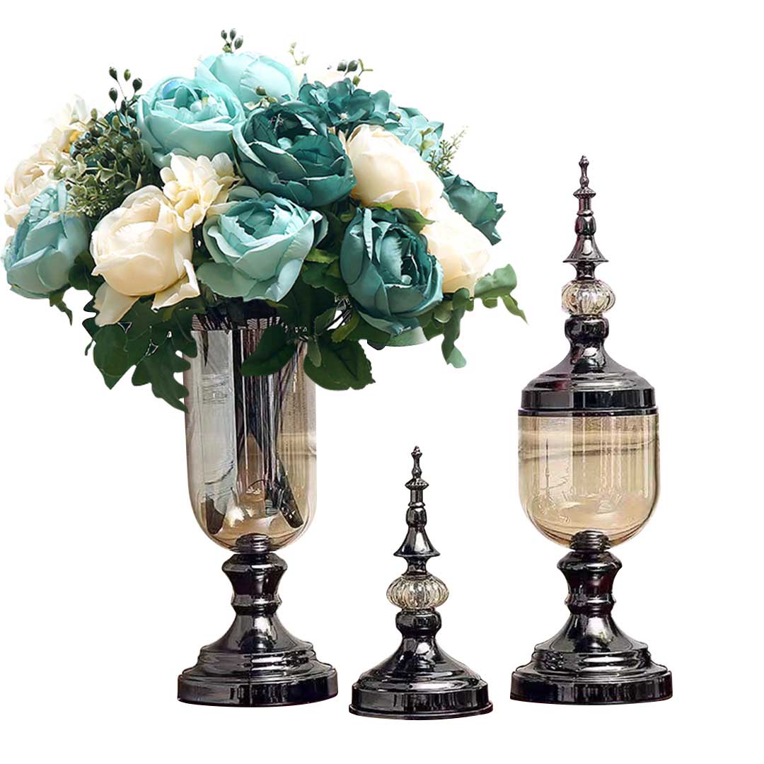 SOGA 2 x Clear Glass Flower Vase with Lid and Blue Flower Filler Vase Black Set $ 166.90
