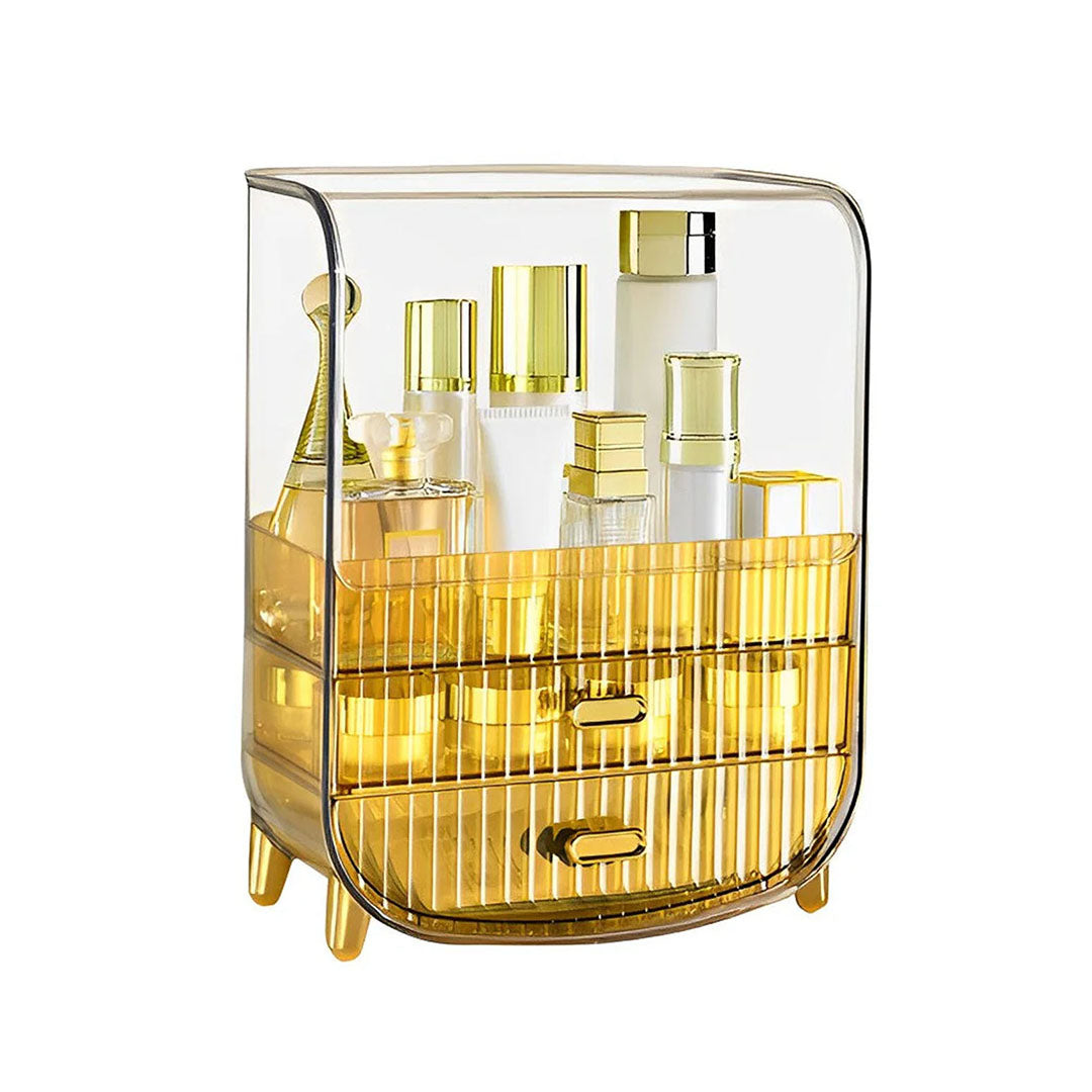 SOGA 3 Tier Golden Yellow Multifunctional Countertop Cosmetic Storage Makeup Perfume Skincare Display Stand Shelf Drawer Type Organiser