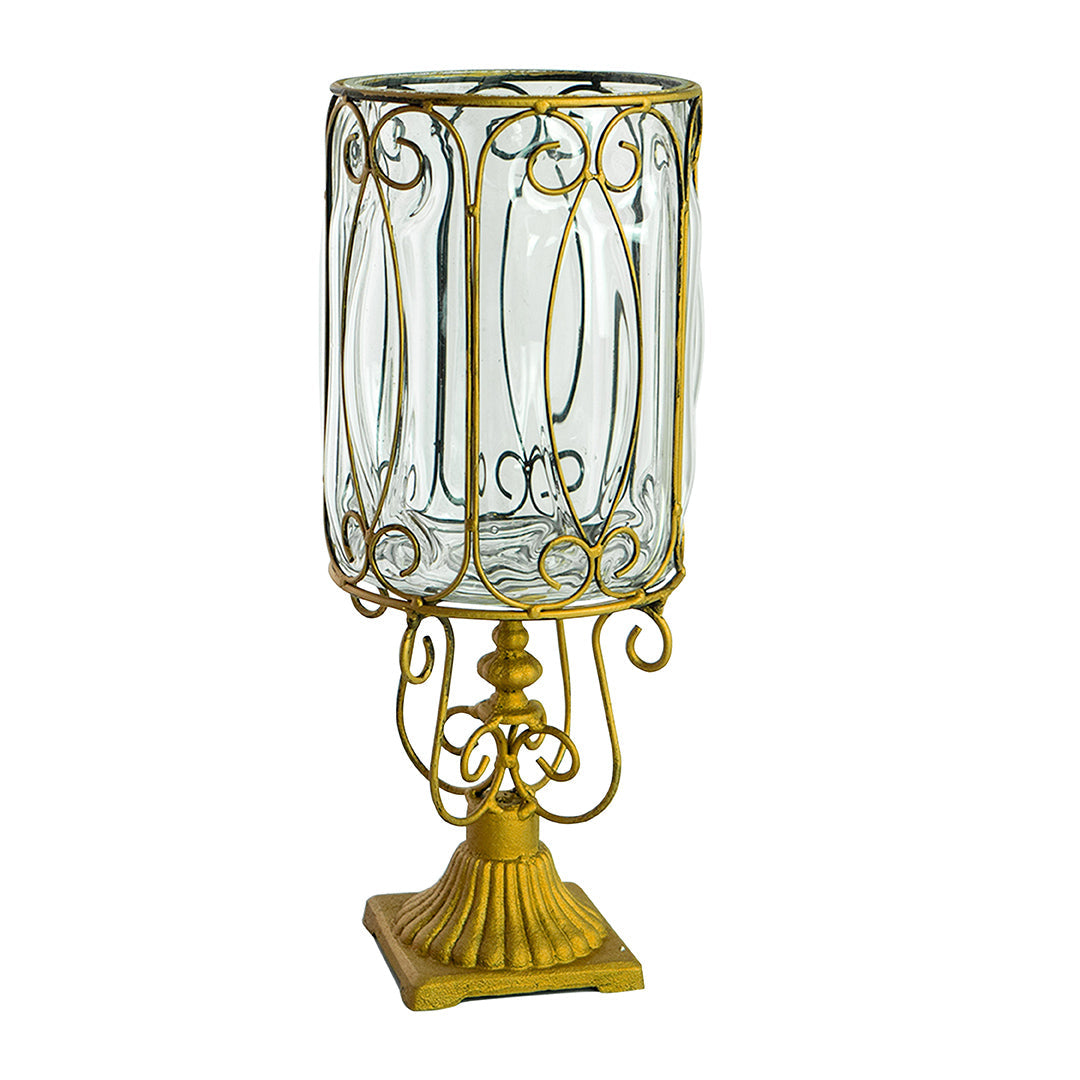 SOGA European Clear Glass Cylinder Flower Vase Solid Base with Gold Metal Pattern