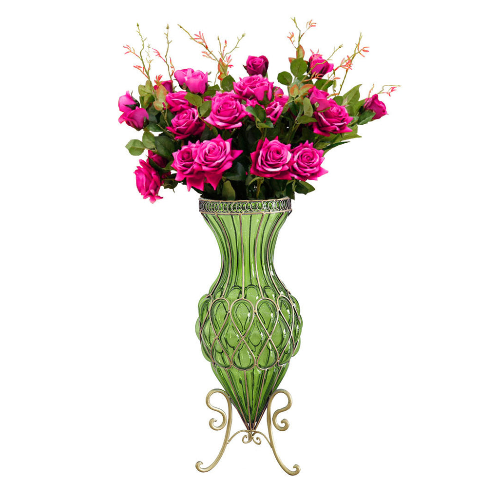 SOGA 67cm Green Glass Tall Floor Vase and 12pcs Dark Pink Artificial Fake Flower Set $ 488.90