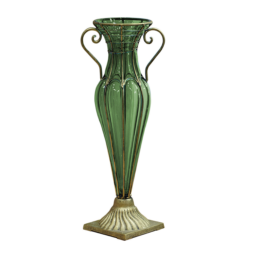 SOGA Green Colored European Glass Flower Vase Solid Base with Two Gold Metal Handle $ 222.50
