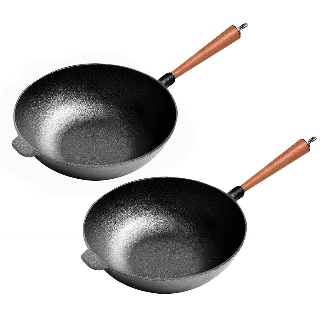 SOGA 2X 31cm Commercial Cast Iron Wok Round Bottom FryPan Home Cooking Skillet $ 215.50