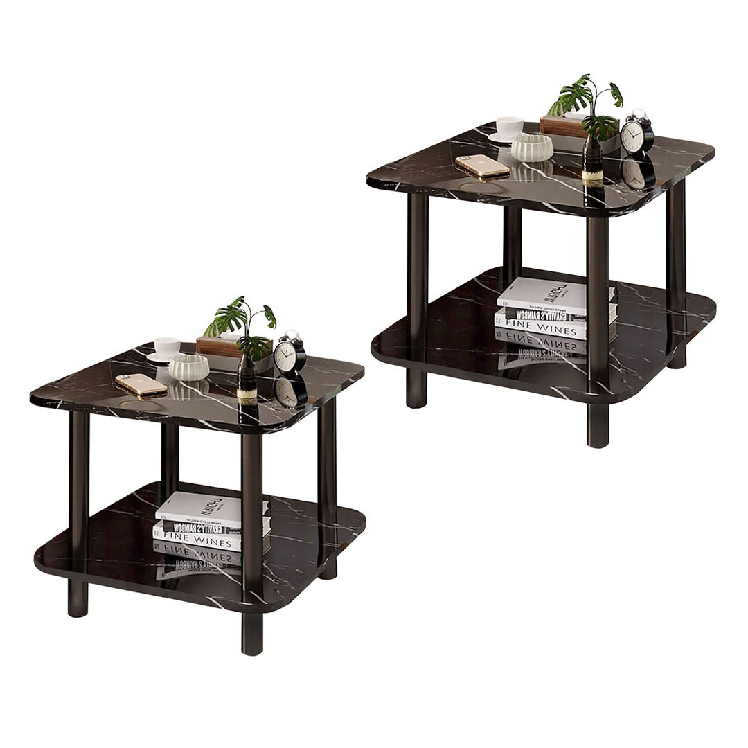 SOGA 2X 70cm Black Ceramic Side Table Stone Pattern Modern Design with Black Legs